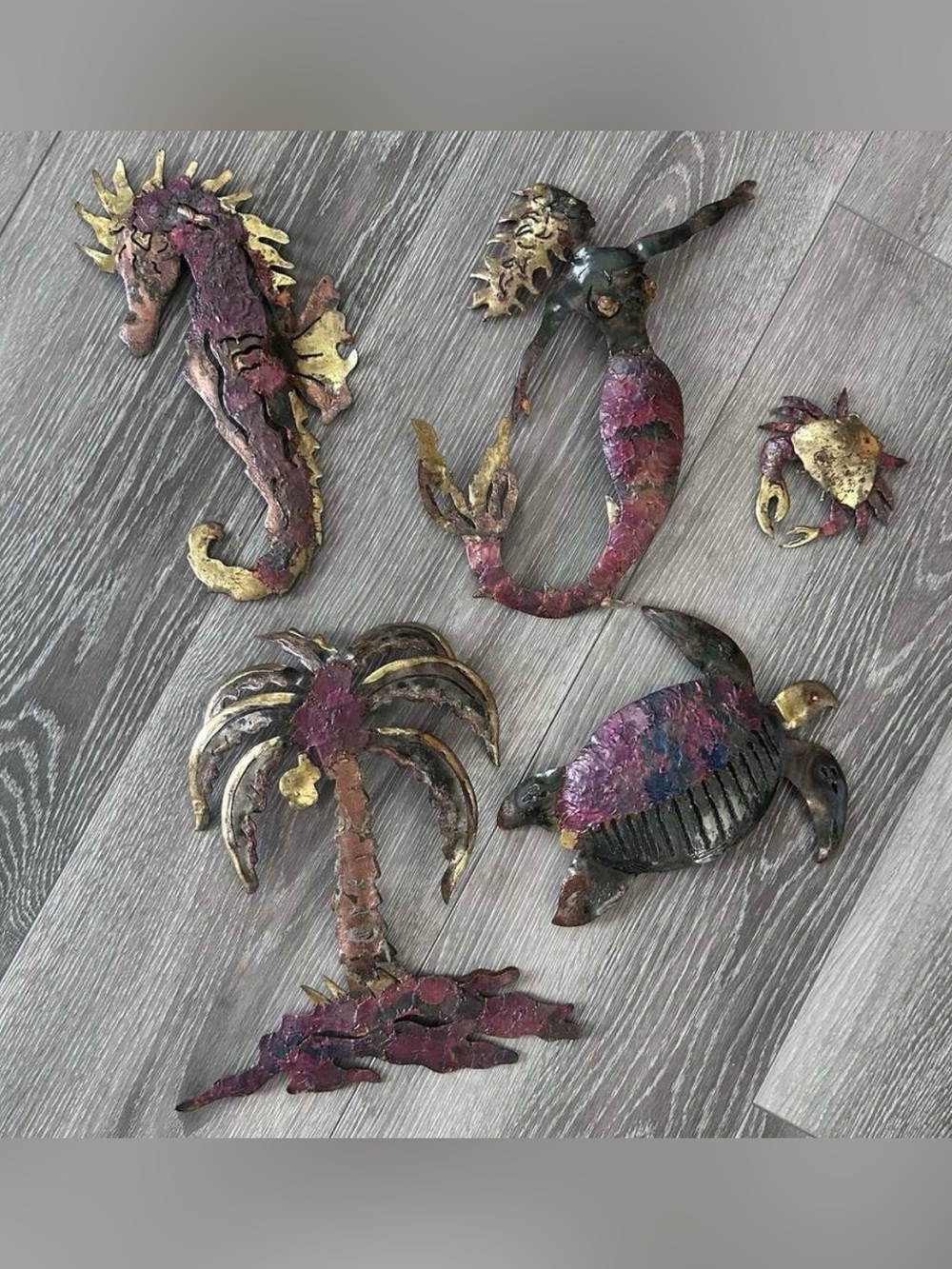 Vintage Brutalist Mermaid Sea Life Metal Wall Hangings Copper Patina Art Mexico
